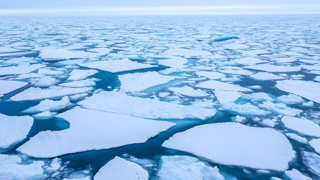Vast expanse of the arctic ocean filled with numerous floating ice floes and chunks of ice, creating a mesmerizing natural pattern under a pale blue sky