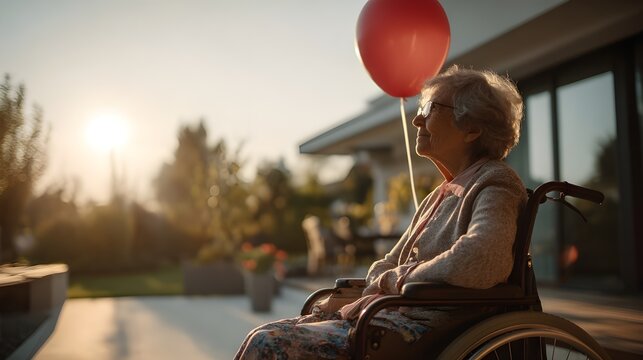 Elderly woman in wheelchair holding red balloon during sunset outdoors