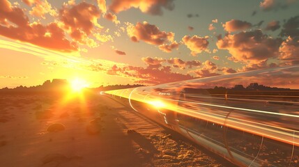 Obraz premium A scenic highway at sunset with blurred light trails and golden sky