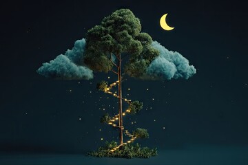 A spiral staircase tree structure at night under clouds.