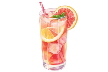 cubes, orange slice, and garnish. Watercolor illustration of layered drink with grenadine, orange juice, and tequila. Mixology and tropical