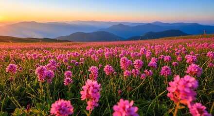 Obraz premium Breathtaking Pink Wildflower Meadow Against Layered Mountains at Golden Sunset, Serene Alpine Landscape