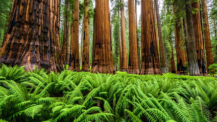 Towering ancient redwood trees with lush green ferns carpeting the forest floor, creating a majestic and serene natural landscape