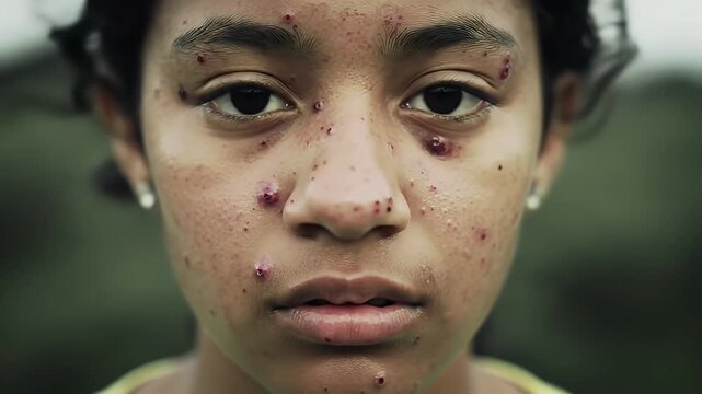 Close Up of Young Girl with Pox Lesions on Her Face Against Green Blurred Background