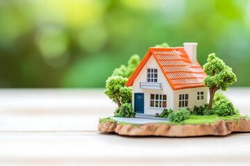 Miniature House Model with Orange Roof, Blue Door, Surrounded by Greenery on Wood