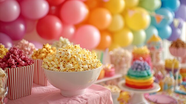 Kids' birthday party table with rainbow popcorn, balloons and cheerful decorations
