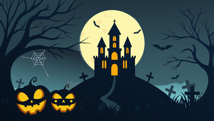 Halloween Haunted House Vector Background with Pumpkins, Bats, and Full Moon