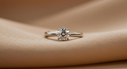 Obraz premium Close-up of a sparkling diamond engagement ring resting on a satin fabric.