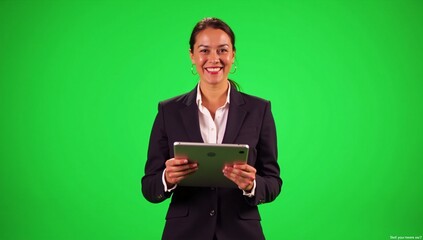Cheerful business professional in formal attire using a digital tablet while standing against a customizable green screen background