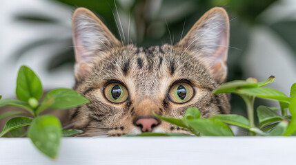 Fototapeta premium A cat is peeking out from behind a plant