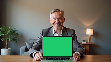 Smiling mature businessman in a suit presenting a laptop computer with a green screen for mockup at his office desk