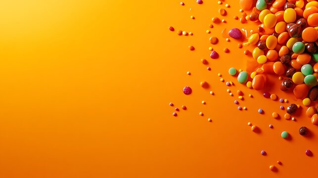 Festive Halloween decor and candy scattered over orange backdrop with empty space for text