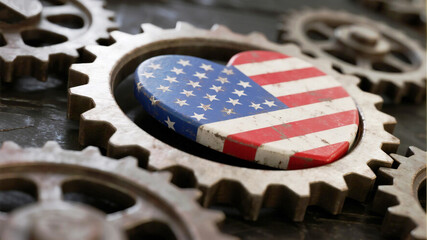 Show your American pride with this patriotic heart nested in rustic gears, perfect for engineering, manufacturing, or heartfelt industrial designs and symbols of strength