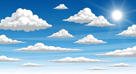 Cloudscape Illustration A Bright Sunny Day in the Sky with Fluffy Clouds and Sunshine