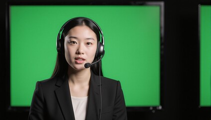 Portrait of a confident Asian female news anchor speaking directly to the camera in a television studio with green screens