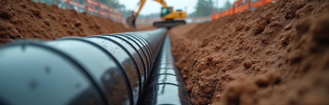Large black pipes installed in construction trench indicate progress on infrastructure project. Excavator operates in background, facilitating groundwork for urban development and utility systems.