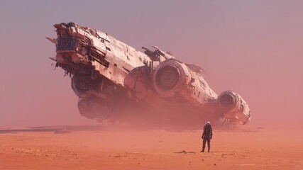 A lone figure stands before the wreckage of an enormous starship, surrounded by swirling orange sands under a twilight sky. The atmosphere conveys both mystery and solitude.
