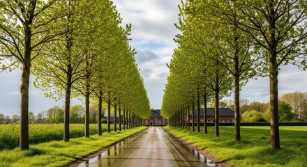 Obraz premium Scenic Tree-Lined Road Leading to a Farmhouse on a Cloudy Day, Reflection on Wet Road