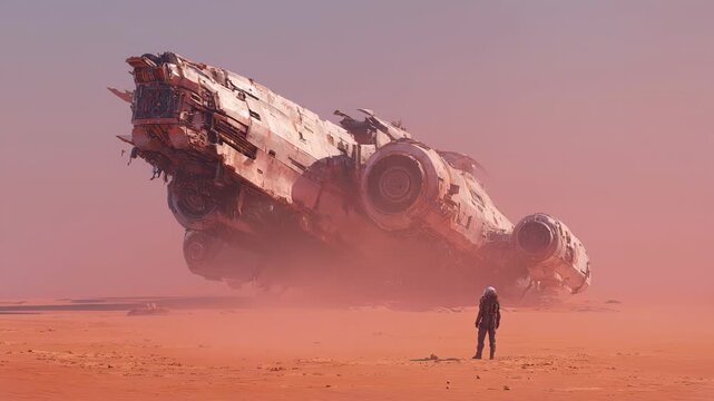 A lone figure stands before the wreckage of an enormous starship, surrounded by swirling orange sands under a twilight sky. The atmosphere conveys both mystery and solitude.
