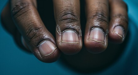 Flaky skin near fingernails with cracked cuticles in cold clinical light and gritty medical close-up