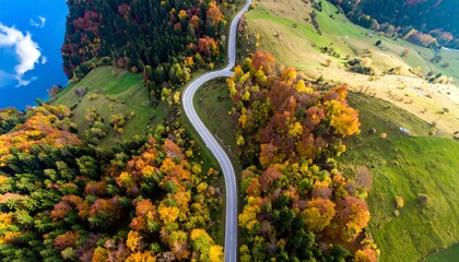 A winding road cuts through a vibrant autumn landscape, showcasing a tapestry of colorful trees and rolling hills.