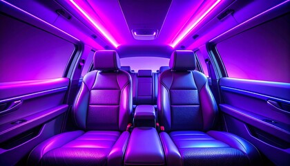 A stylish car interior, bathed in vibrant purple and pink hues, showcases a modern and sophisticated design.