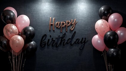 Elegant pink and black balloons decorating a happy birthday celebration