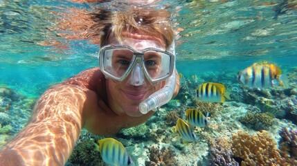 Fototapeta premium Snorkeler in tropical water, surrounded by vibrant coral reef and striped fish