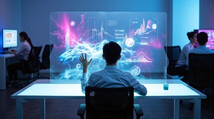Businessman interacting with a futuristic transparent touchscreen, analyzing complex data visualizations and financial charts in a modern office