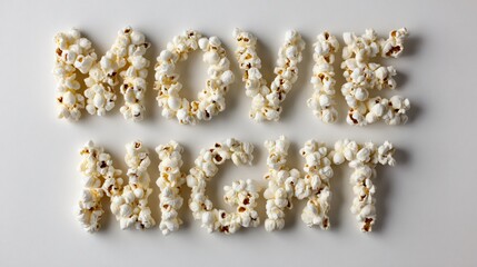 Popcorn shaped into letters spelling "MOVIE NIGHT", white background, graphic style
