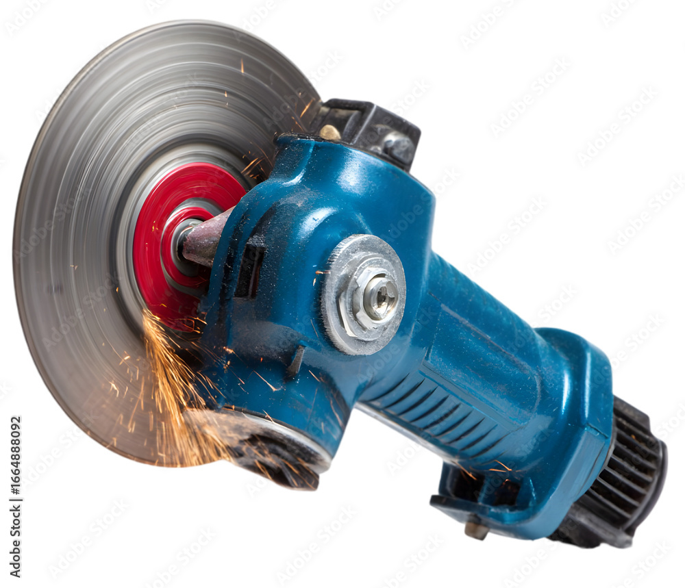 Poster high-speed angle grinder in action, creating sparks, set against a blurred workshop background
