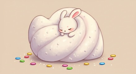 Schattig konijn slaapt zachtjes in warme zoete wolk kleurrijk snoep omringt. AI Generated