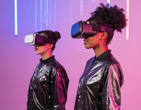 Modern Women Immersed in Virtual Reality Experience with VR Headsets - Powered by Adobe