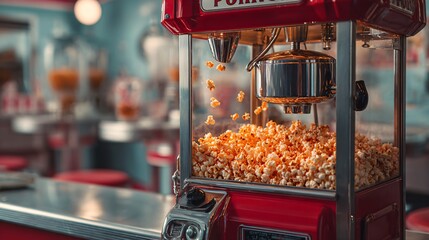 Retro popcorn machine in action, vibrant red and chrome, 1950s diner vibes