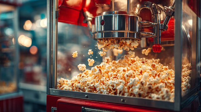 Retro popcorn machine in action, vibrant red and chrome, 1950s diner vibes