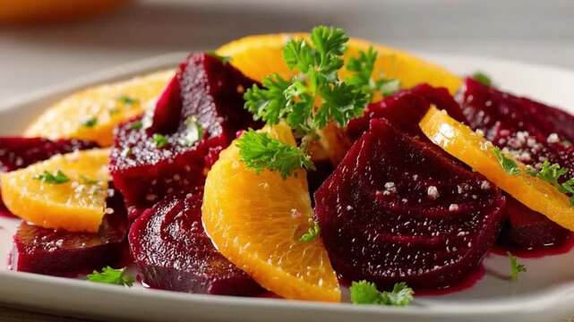 Vibrant Beetroot Salad with Orange: A tantalizing dish showcasing the rich colors of beetroot and juicy orange slices, garnished with fresh parsley and presented on a bright plate.