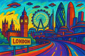 Colorful depiction of London with iconic landmarks and a vibrant skyline featuring UFOs in the sky