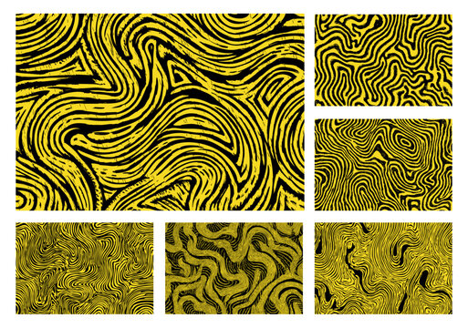 Set of abstract yellow and black wavy line vector patterns with seamless psychedelic textures, optical illusions, and bold warped stripe backgrounds.