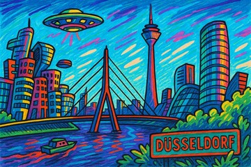 Colorful urban landscape of D&uuml;sseldorf featuring futuristic elements and vibrant skies