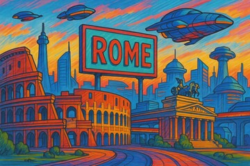 Futuristic vision of Rome featuring iconic landmarks and flying vehicles at sunset