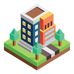 Fototapeta premium Vector art of isometric view of a modern city block with buildings, trees, and pathways