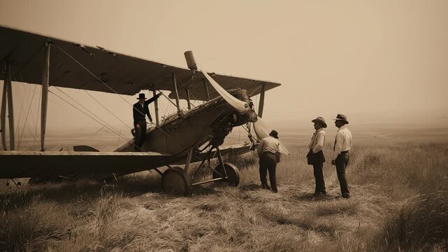 In a nostalgic moment, four individuals gather around a vintage biplane, experiencing the thrill of aviation in golden fields. The charm of early aviation captures the imagination.