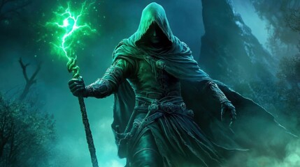 Emerald lightning striking with a powerful sorcerer in mystical fantasy setting green and necromancer