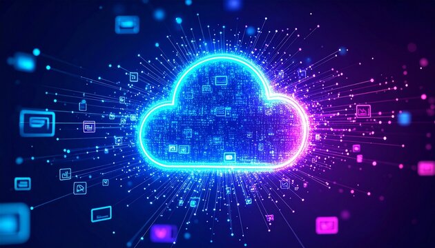 Digital cloud network glowing with data, connecting global information systems in vibrant neon light