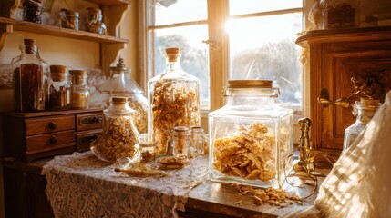 Vintage kitchenware holding handcrafted snacks, bathed in warm nostalgic light.