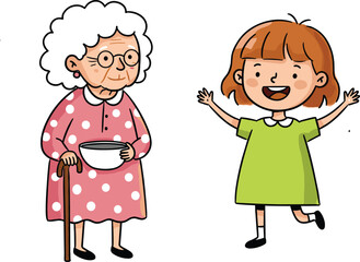 Cartoon vector illustration of happy little girl with grandmother, family generation bond, senior woman with child, cute character drawing, lifestyle concept