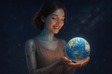 Naklejka premium Futuristic Woman Holding Earth in Space — Emotional Tech Harmony