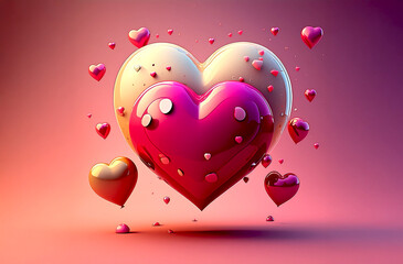 Shiny Red 3D Love Heart Floating with Small Hearts in Air