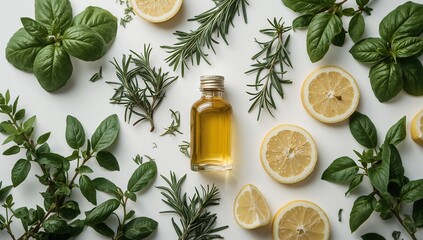 a flat lay arrangement featuring an assortment of fresh herbs such as basil and rosemary, a small bottle of olive oil with a golden glow, and lemon slices isolated on white background.