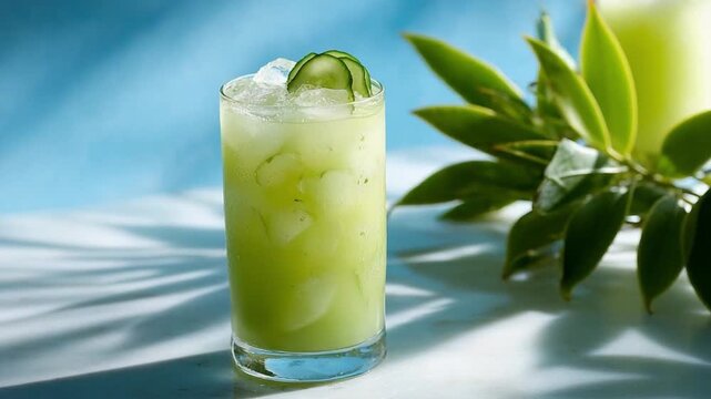 Cool Cucumber Refresher: A visually appealing and refreshing cocktail featuring a vivid green hue, adorned with a cucumber slice and a background hinting at summer. 